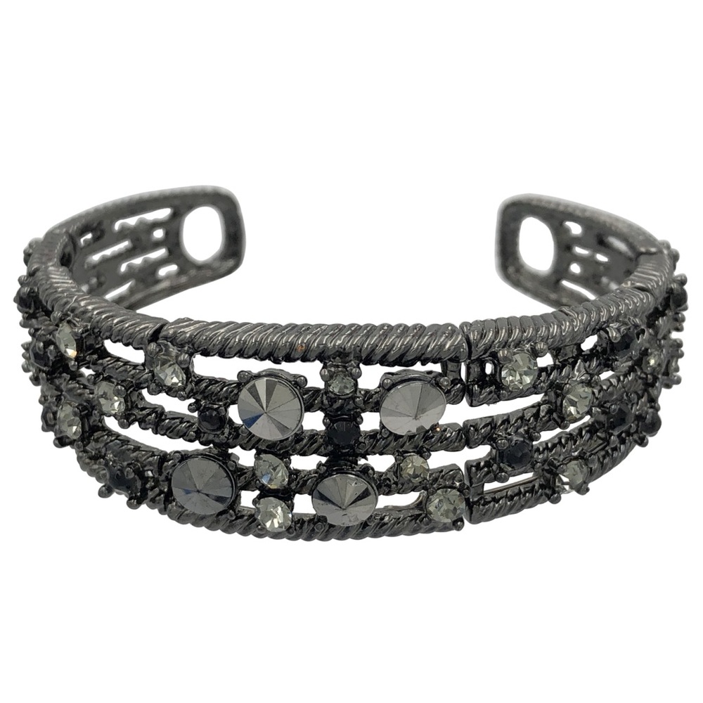 Hematite Grey Gun Metal Black Rhinestone Lines Memory Wire Fancy Cuff Bracelet